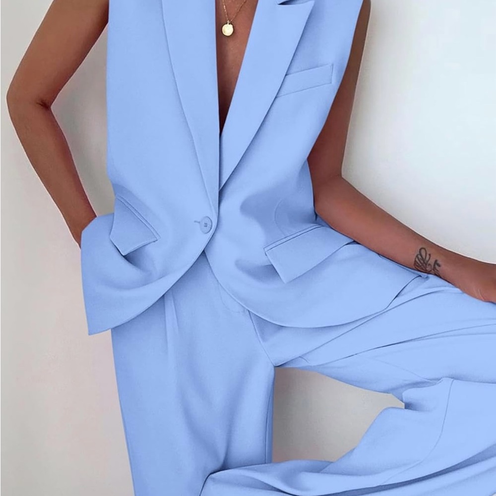 Pretty Garden Sleeveless Suit Vest and Wide Leg Pants Business Casual Blazer Set